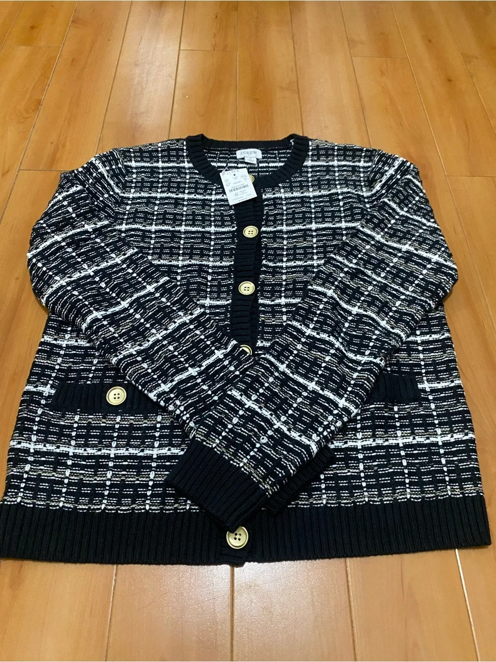 J. Crew Black and White Textured Plaid Cardigan with Gold Buttons